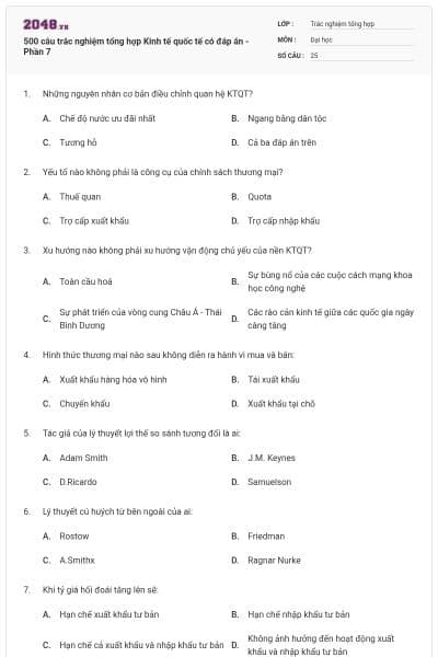 500 câu trắc nghiệm tổng hợp Kinh tế quốc tế có đáp án - Phần 7
