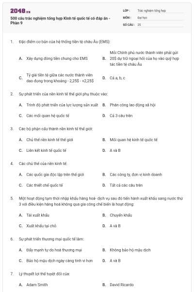 500 câu trắc nghiệm tổng hợp Kinh tế quốc tế có đáp án - Phần 9