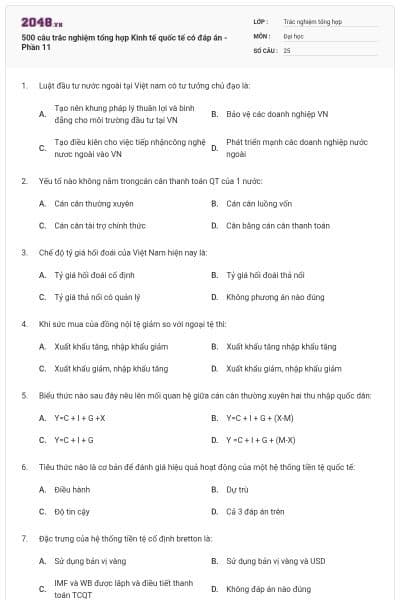 500 câu trắc nghiệm tổng hợp Kinh tế quốc tế có đáp án - Phần 11