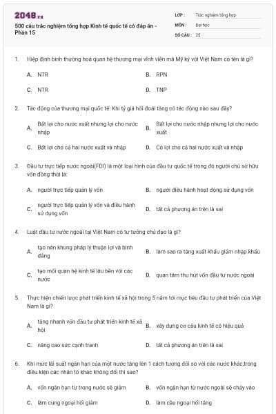 500 câu trắc nghiệm tổng hợp Kinh tế quốc tế có đáp án - Phần 15