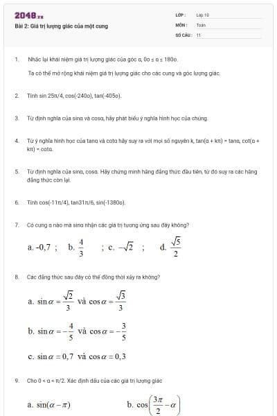 Bài 2: Giá trị lượng giác của một cung