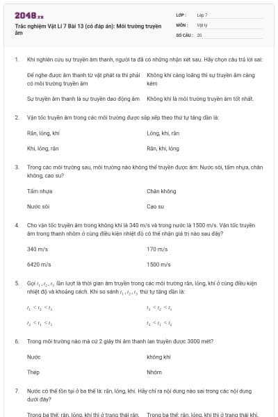 Trắc nghiệm Vật Lí 7 Bài 13 (có đáp án): Môi trường truyền âm