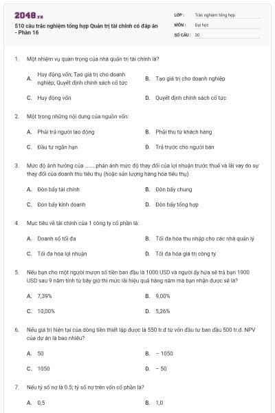 510 câu trắc nghiệm tổng hợp Quản trị tài chính có đáp án - Phần 16