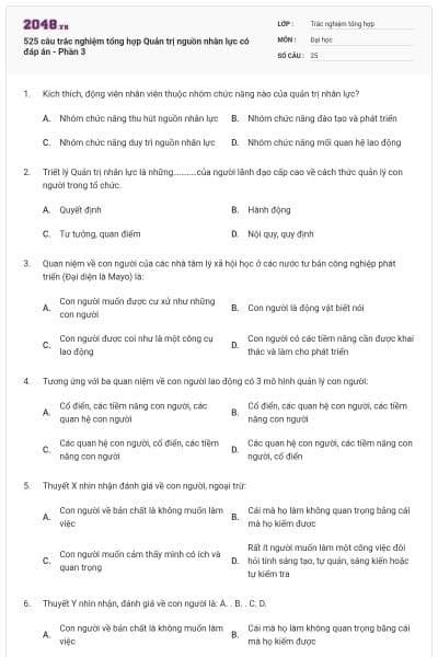 525 câu trắc nghiệm tổng hợp Quản trị nguồn nhân lực có đáp án - Phần 3