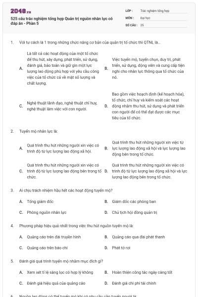 525 câu trắc nghiệm tổng hợp Quản trị nguồn nhân lực có đáp án - Phần 5