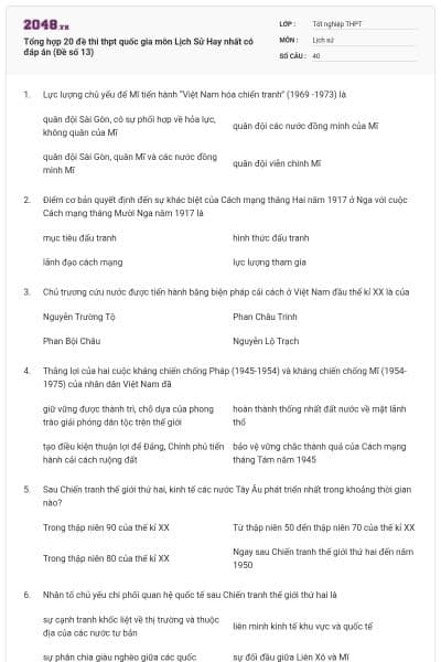 Tổng hợp 20 đề thi thpt quốc gia môn Lịch Sử Hay nhất có đáp án (Đề số 13)