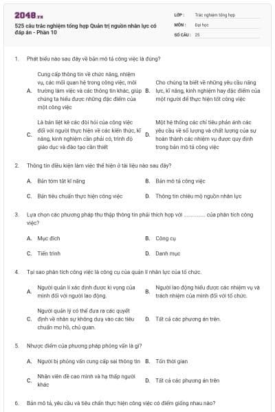 525 câu trắc nghiệm tổng hợp Quản trị nguồn nhân lực có đáp án - Phần 10