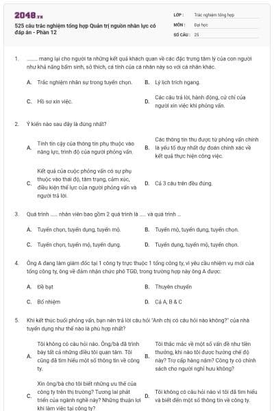 525 câu trắc nghiệm tổng hợp Quản trị nguồn nhân lực có đáp án - Phần 12