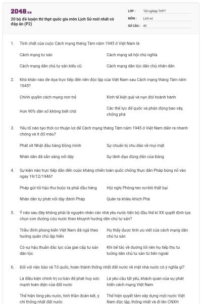 20 bộ đề luyện thi thpt quốc gia môn Lịch Sử mới nhất có đáp án (P2)