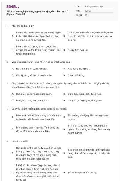 525 câu trắc nghiệm tổng hợp Quản trị nguồn nhân lực có đáp án - Phần 18