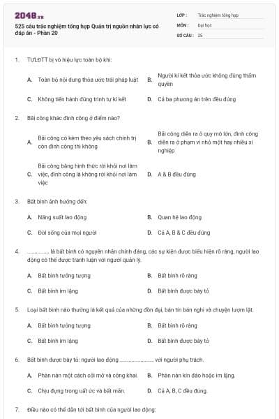 525 câu trắc nghiệm tổng hợp Quản trị nguồn nhân lực có đáp án - Phần 20