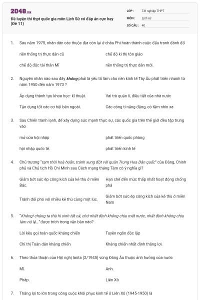 Đề luyện thi thpt quốc gia môn Lịch Sử có đáp án cực hay (Đề 11)