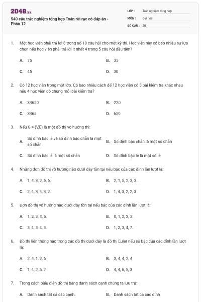 540 câu trắc nghiệm tổng hợp Toán rời rạc có đáp án - Phần 12