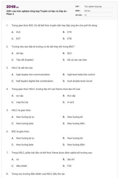 300+ câu trắc nghiệm tổng hợp Truyền số liệu có đáp án - Phần 3