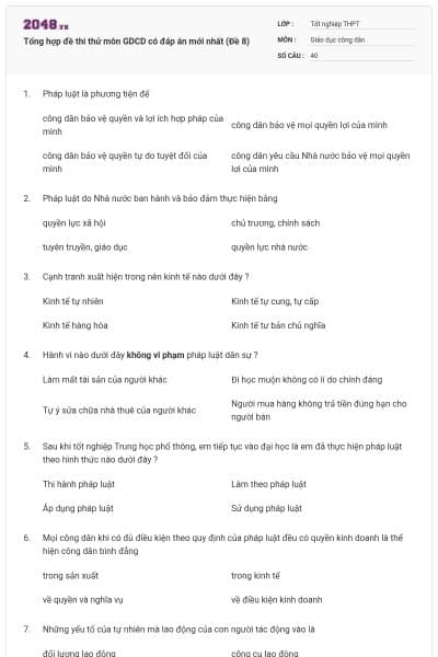 Tổng hợp đề thi thử môn GDCD có đáp án mới nhất (Đề 8)