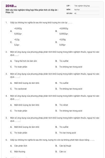 860 câu trắc nghiệm tổng hợp Hóa phân tích có đáp án - Phần 10