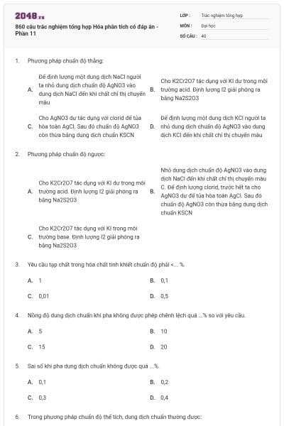 860 câu trắc nghiệm tổng hợp Hóa phân tích có đáp án - Phần 11