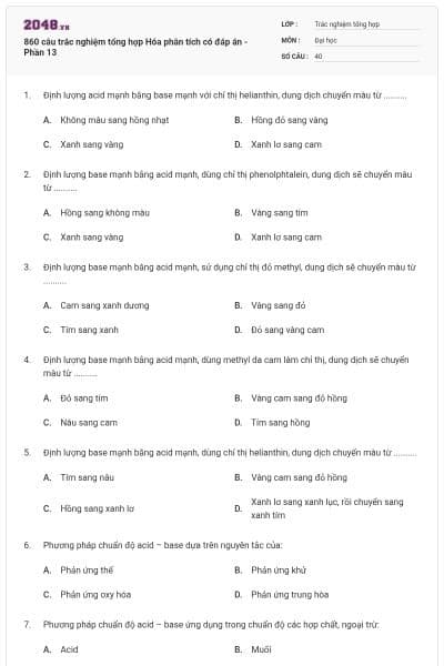 860 câu trắc nghiệm tổng hợp Hóa phân tích có đáp án - Phần 13