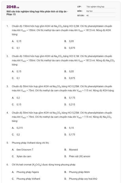 860 câu trắc nghiệm tổng hợp Hóa phân tích có đáp án - Phần 15