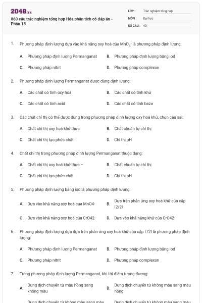 860 câu trắc nghiệm tổng hợp Hóa phân tích có đáp án - Phần 18