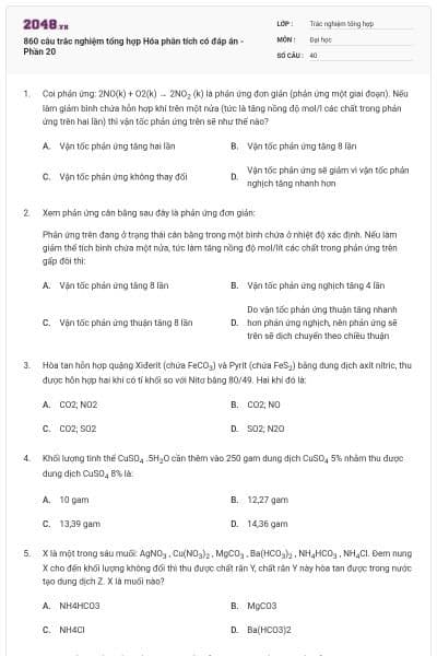 860 câu trắc nghiệm tổng hợp Hóa phân tích có đáp án - Phần 20