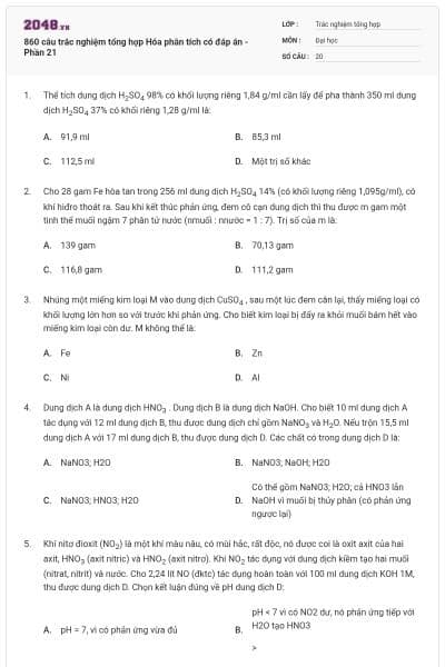 860 câu trắc nghiệm tổng hợp Hóa phân tích có đáp án - Phần 21