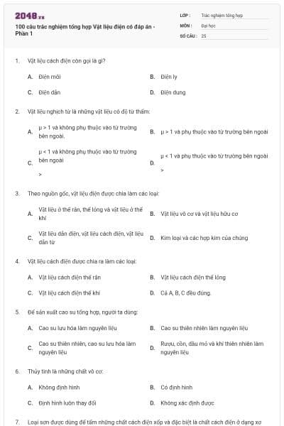 100 câu trắc nghiệm tổng hợp Vật liệu điện có đáp án - Phần 1