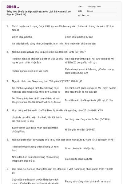 Tổng hợp 20 đề thi thpt quốc gia môn Lịch Sử Hay nhất có đáp án (Đề số 14)