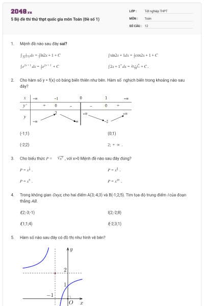 5 Bộ đề thi thử thpt quốc gia môn Toán (Đề số 1)