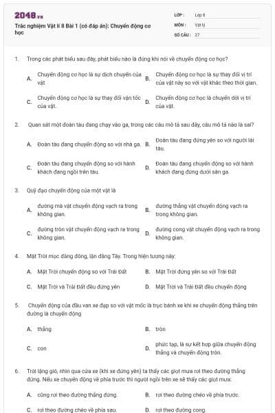 Trắc nghiệm Vật lí 8 Bài 1 (có đáp án): Chuyển động cơ học
