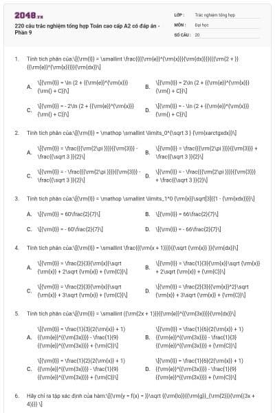 220 câu trắc nghiệm tổng hợp Toán cao cấp A2 có đáp án - Phần 9