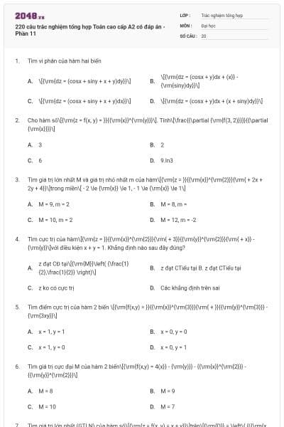 220 câu trắc nghiệm tổng hợp Toán cao cấp A2 có đáp án - Phần 11