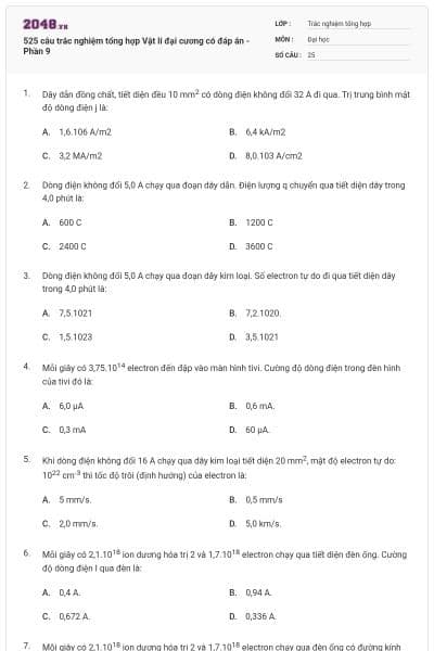 525 câu trắc nghiệm tổng hợp Vật lí đại cương có đáp án - Phần 9
