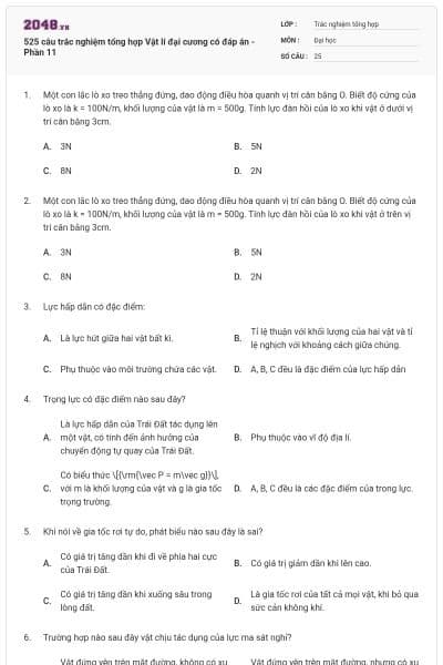 525 câu trắc nghiệm tổng hợp Vật lí đại cương có đáp án - Phần 11