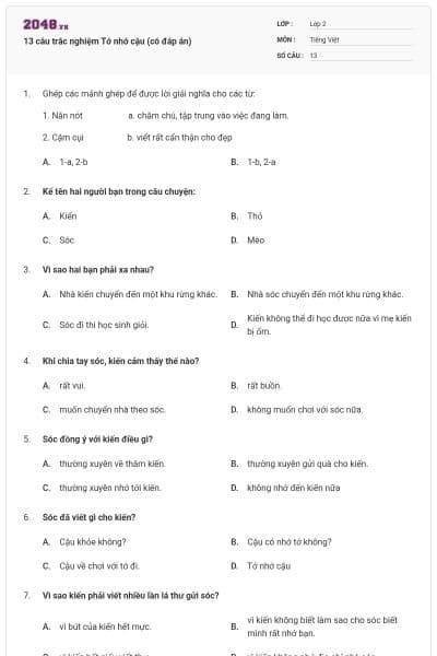 13 câu trắc nghiệm Tớ nhớ cậu (có đáp án)