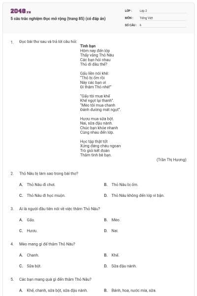 5 câu trắc nghiệm Đọc mở rộng (trang 85) (có đáp án)