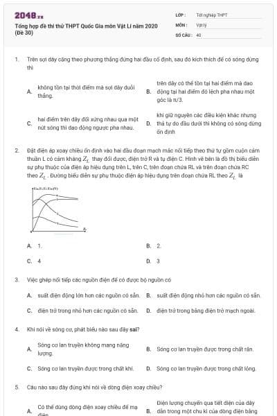 Tổng hợp đề thi thử THPT Quốc Gia môn Vật Lí năm 2020 (Đề 30)