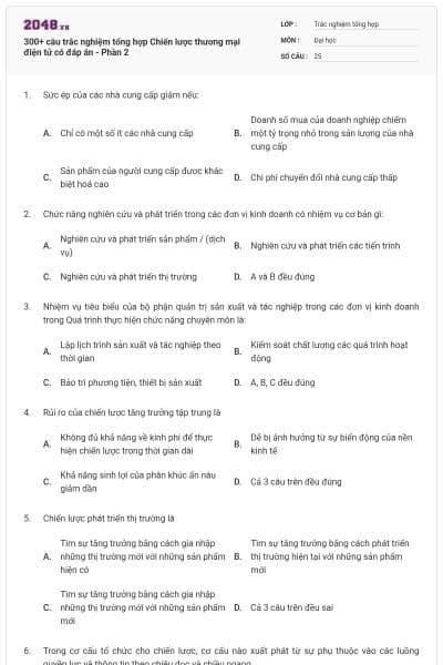 300+ câu trắc nghiệm tổng hợp Chiến lược thương mại điện tử có đáp án - Phần 2
