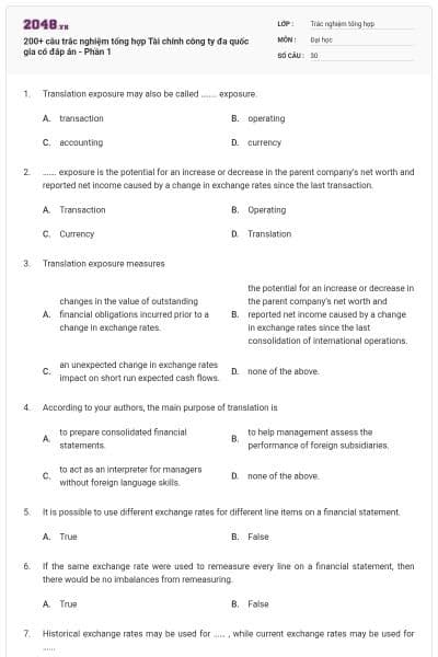 200+ câu trắc nghiệm tổng hợp Tài chính công ty đa quốc gia có đáp án - Phần 1
