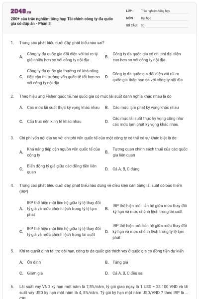 200+ câu trắc nghiệm tổng hợp Tài chính công ty đa quốc gia có đáp án - Phần 3