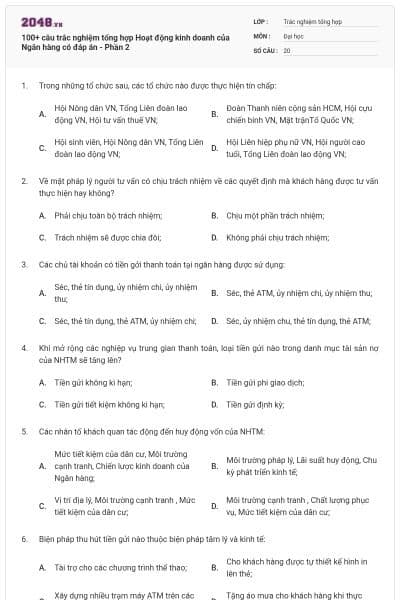 100+ câu trắc nghiệm tổng hợp Hoạt động kinh doanh của Ngân hàng có đáp án - Phần 2