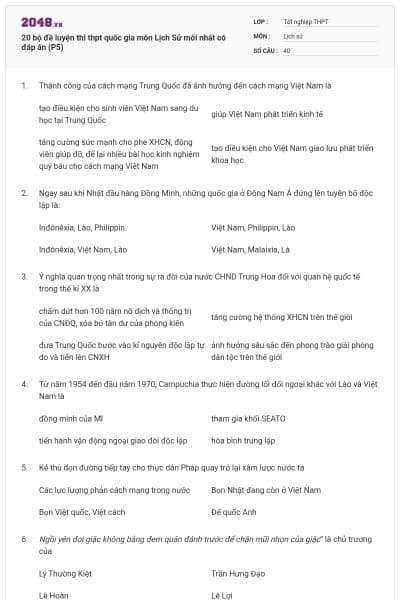 20 bộ đề luyện thi thpt quốc gia môn Lịch Sử mới nhất có đáp án (P5)