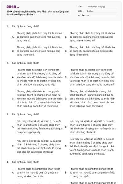 300+ câu trắc nghiệm tổng hợp Phân tích hoạt động kinh doanh có đáp án - Phần 1