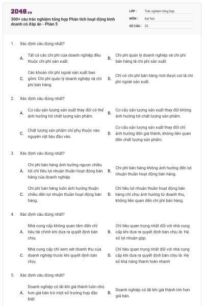 300+ câu trắc nghiệm tổng hợp Phân tích hoạt động kinh doanh có đáp án - Phần 5