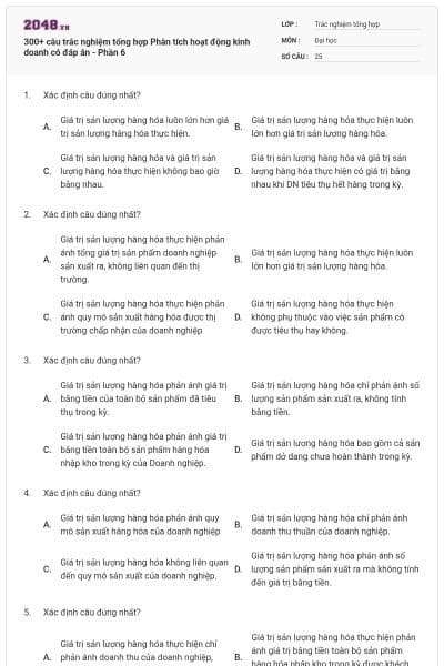 300+ câu trắc nghiệm tổng hợp Phân tích hoạt động kinh doanh có đáp án - Phần 6