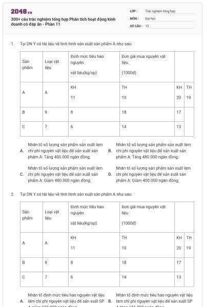 300+ câu trắc nghiệm tổng hợp Phân tích hoạt động kinh doanh có đáp án - Phần 11