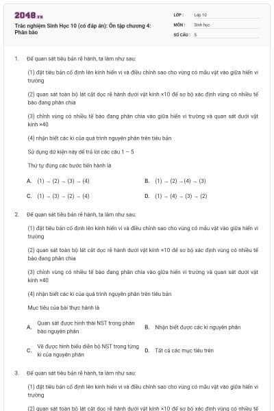Trắc nghiệm Sinh Học 10 (có đáp án): Ôn tập chương 4: Phân bào