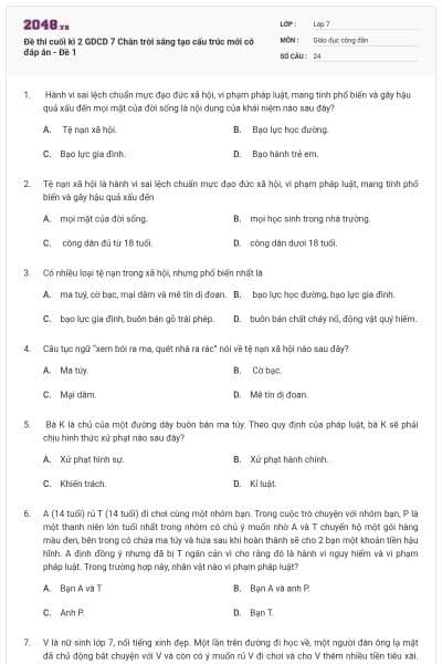 Đề thi cuối kì 2 GDCD 7 Chân trời sáng tạo cấu trúc mới có đáp án - Đề 1