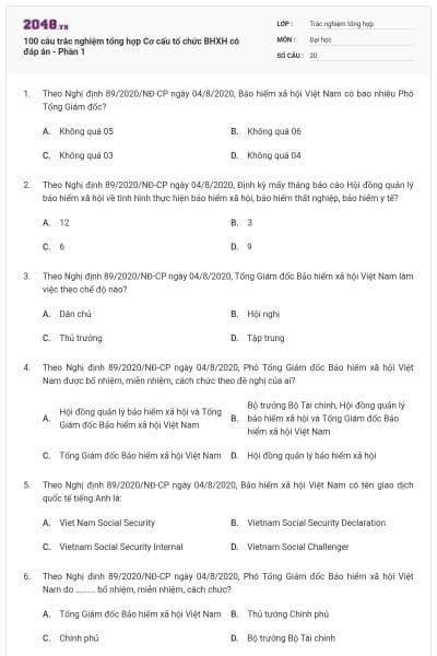 100 câu trắc nghiệm tổng hợp Cơ cấu tổ chức BHXH có đáp án - Phần 1