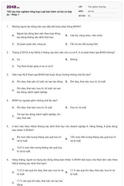 100 câu trắc nghiệm tổng hợp Luật bảo hiểm xã hội có đáp án - Phần 1
